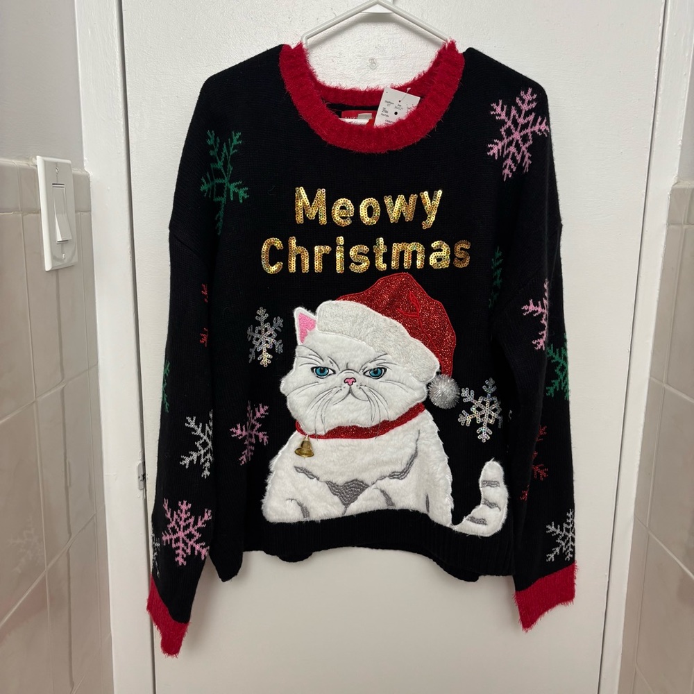 NWT 3D Meowy Ugly Christmas Cat Sweater - Black and Red size XL